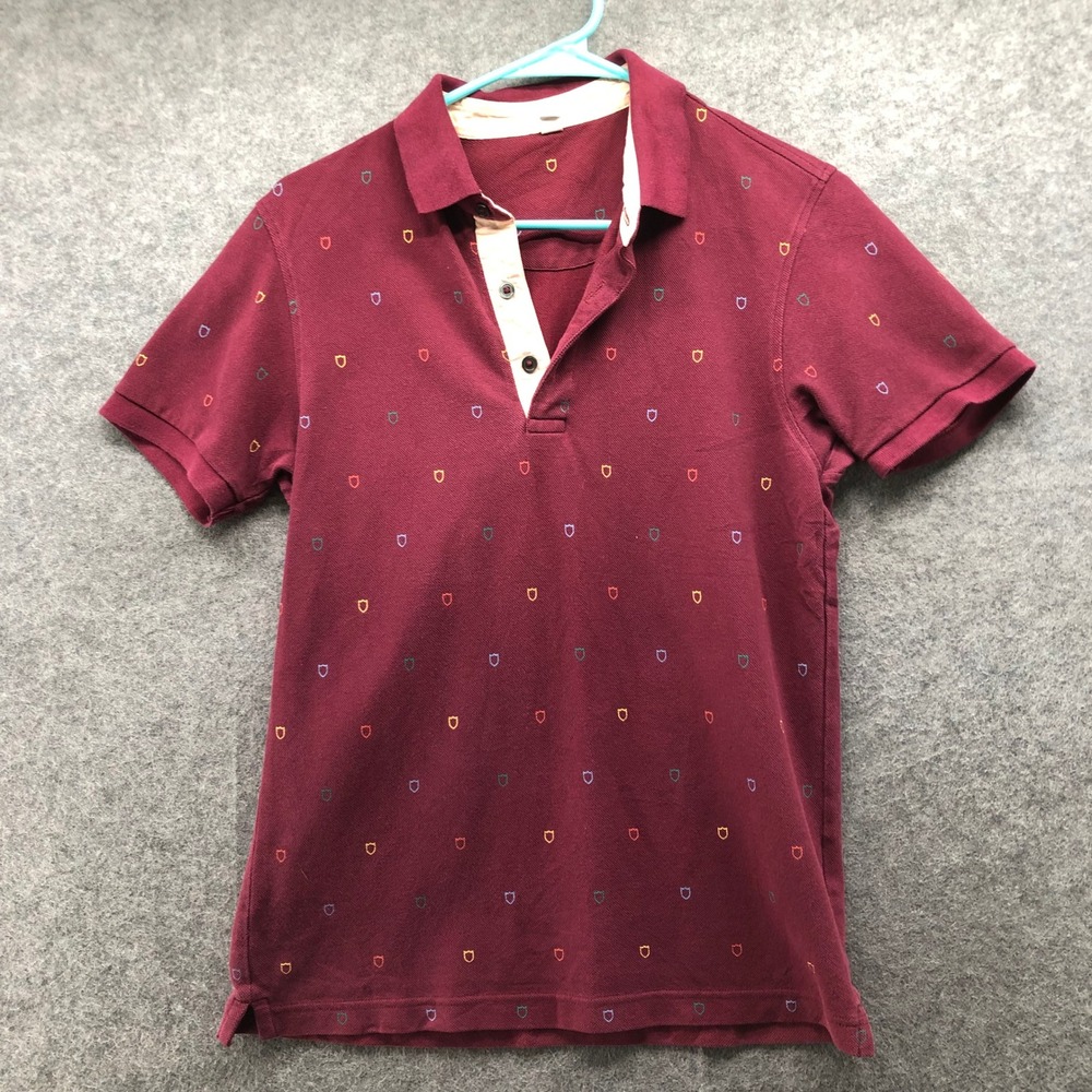 Uniqlo Burgundy Micro Print Polo Shirt Mens M Contrast Collar Retro Prep Crest